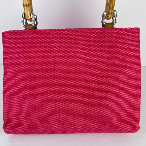 Fossil Bamboo Wooden Handle Woven Satchel Coral Salmon Pink Purse Hand Bag - Picture 4 of 11